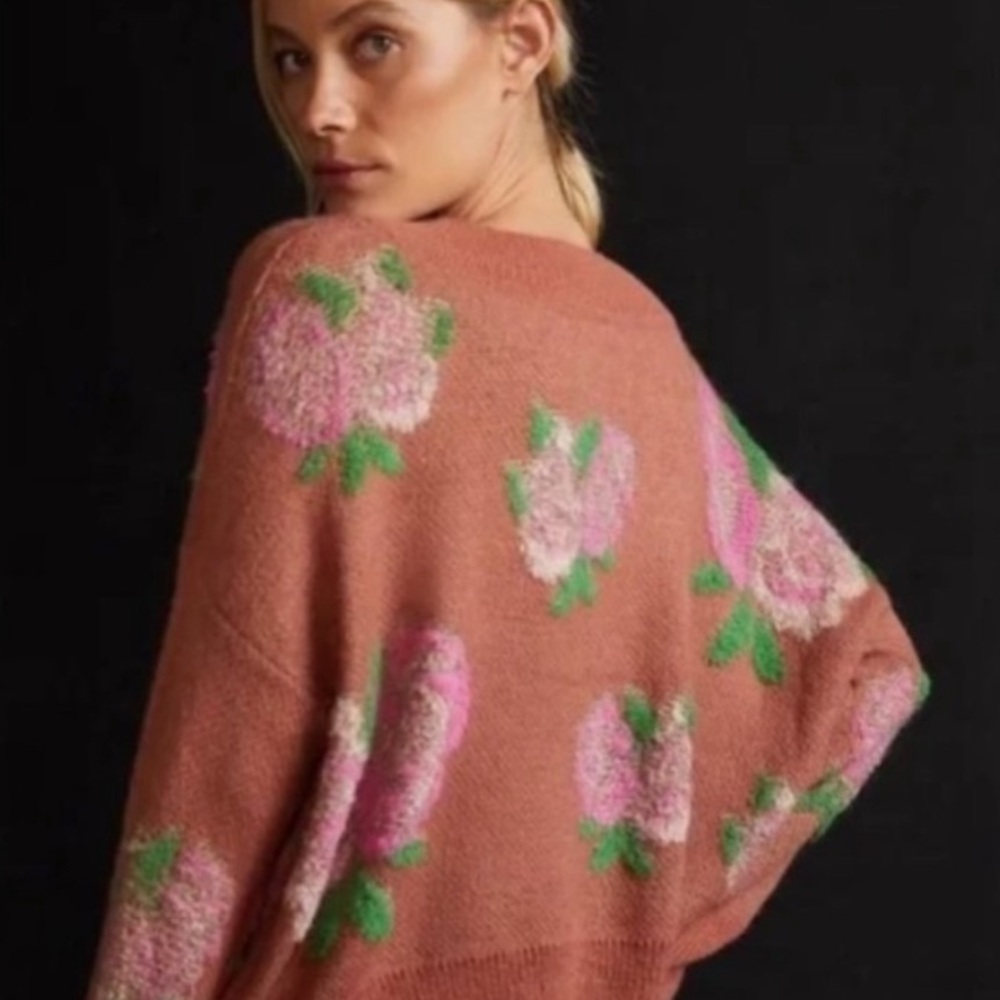 Anthropologie XL Slouchy Rust-Burnt Orange oversized Floral v-Neck Sweater